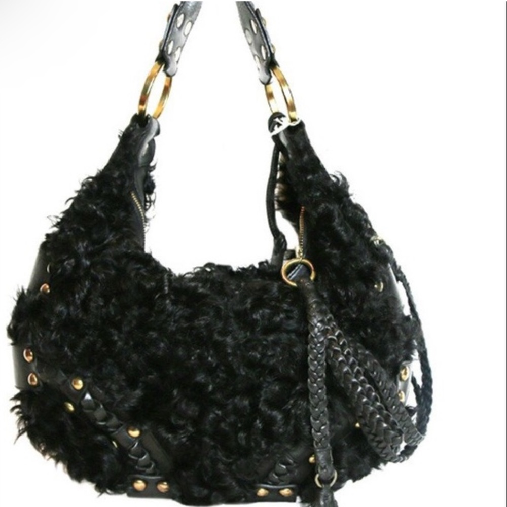 ISABELLA FIORE BLACK GENUINE LEATHER & CURLY FUR HALF MOON BRAIDED BAG